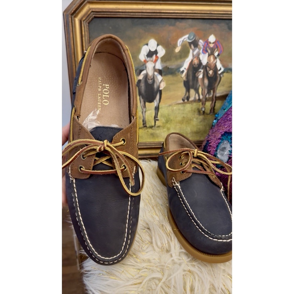 POLO Ralph Lauren BIENNE II Leather Boat Fisherman Shoe Blue Brown Men 12 Photos
